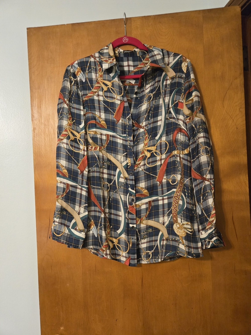 J McLaughlin Silk Blend Button Plaid Equestrian Print Shirt Size M